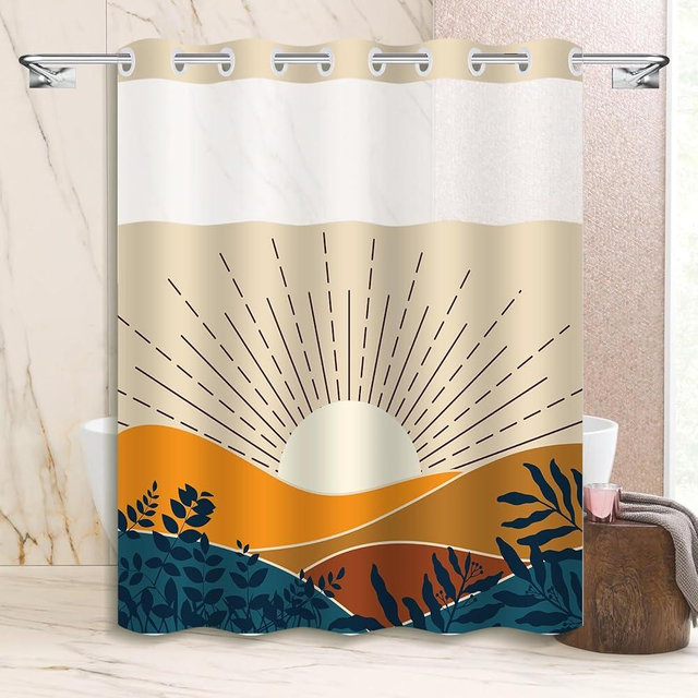 Mowxune No Hook Yellow Boho Shower Curtain with Snap-in Liner,Boho Mid Century Sun Shower Curtain for Bathroom Decor,with See Through Mesh Top Window 71x74in