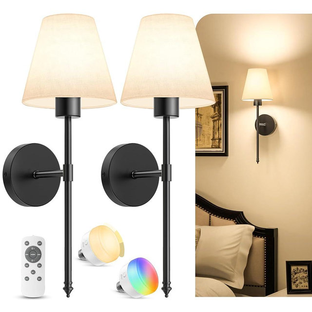 VOLISUN Battery Operated Wall Sconces Set of Two, Wireless Wall Sconces with Remote and Dimmable Bulbs, 9 Colors Battery Powered Wall Lights, Black Rechargeable Wall Lamps for Bedroom (19.7 inch)
