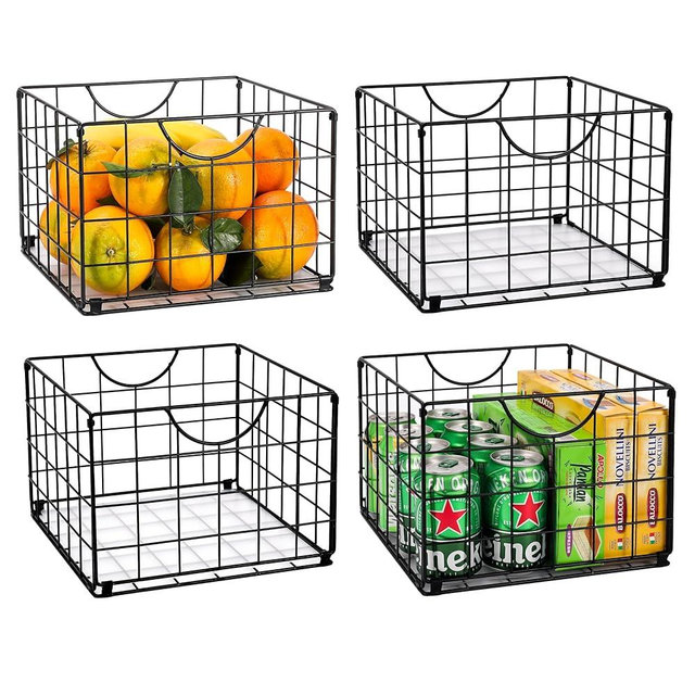 Metal Wire Basket Foldable Set of 4, Metal Bins for Organizing with PVC Sheet, 10.5x10.5in Wire Pantry Baskets Freezer Organizer Bins for Kitchen Closet Bathroom-Black