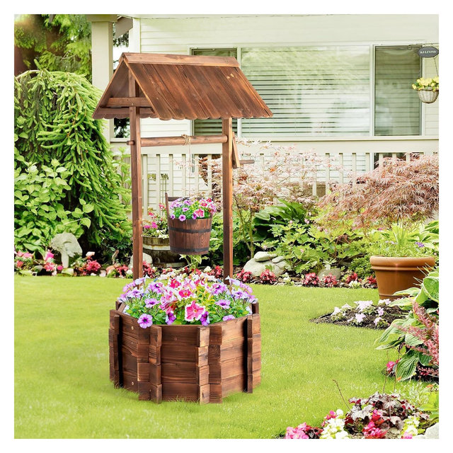 VINGLI Wooden Wishing Well Outdoor Planters Yard Decor for Patio Garden Brown 25" w/ 4 Reinforced Rods