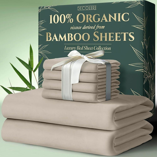 DECOLURE 100% Organic Viscose Derived from Bamboo Sheets Cal King Size 6pcs - Ultra Soft & Luxuriously Cooling, 17" Deep Pocket, Double Stitching, Perfect for Hot Sleepers - King Bed Sheets (Taupe)