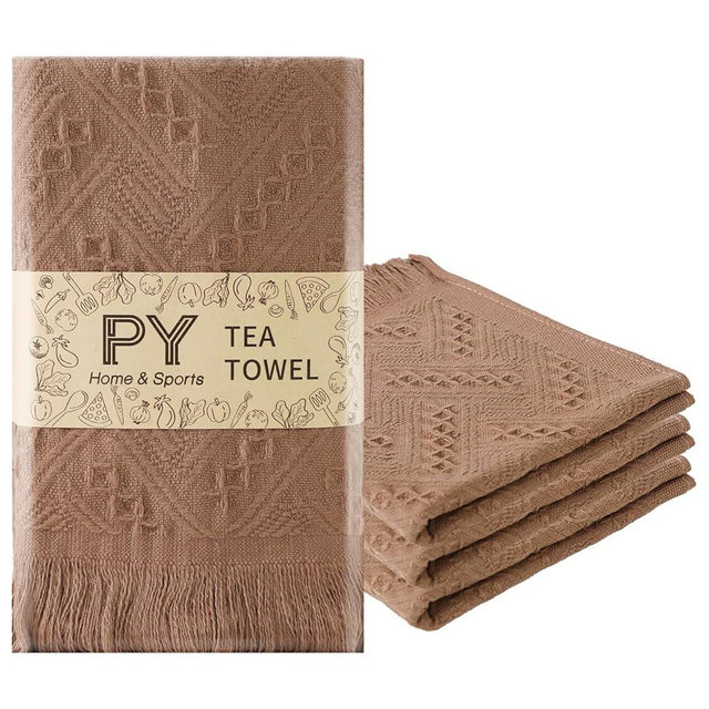 PY HOME & SPORTS Dish Towels Set, 100% Cotton Boho Kitchen Towels 4 Pieces, Super Absorbent Kitchen Hand Dish Cloths for Drying and Cleaning 13 x 29 Inches Brown