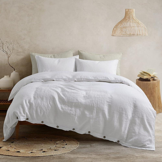 ATLINIA 100% Flax Linen Duvet Cover Set - Stone Washed Pure French Linen Organic Fabric for Farmhouse Comforter Boho Bedding Included 1 Duvet Cover 2 Pillow Shams(White, King)