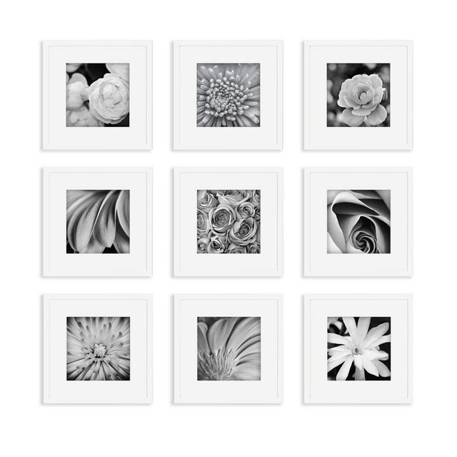 Gallery Perfect Square Photo Gallery Wall Decorative Art Prints & Hanging Template 9 Piece White Frame KIT