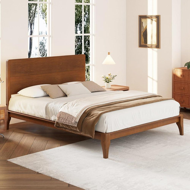Merax Mid Century Queen Bed Frame with Headboard, Bamboo Wood Platform Bed Frame Queen Size with Wood Slat, Heavy Duty Steel Center Beam for Support, Under Bed Storage, No Box Spring Needed, Brown