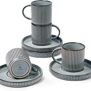 famiware Star Espresso Cups and Saucers Set of 4, [ Mini ] 3 oz Ceramic Small Coffee Mug with Handle, Ribbed Stoneware Demitasse Cup for Tea, Latte - Microwave & Dishwasher Safe - Smoky Blue