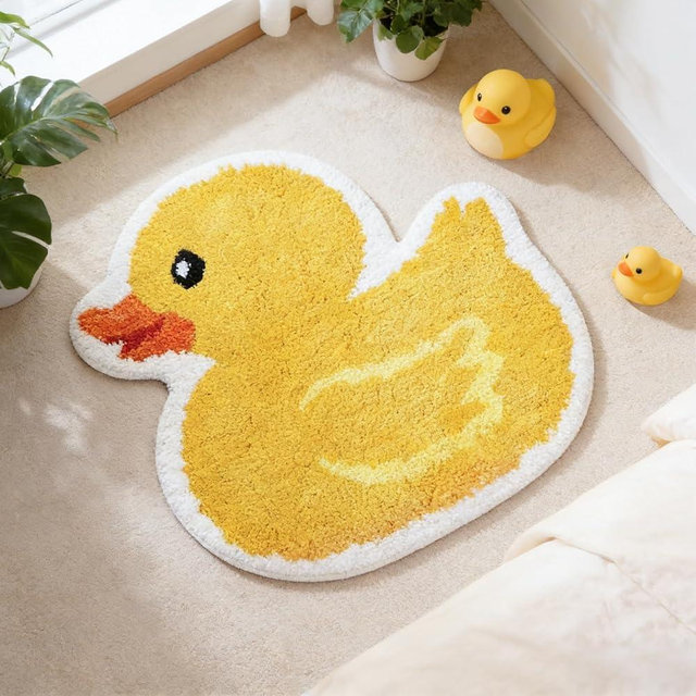 FYSUIMU Yellow Duck Bath Rug Cute Rubber Duck Shaped Tuft Bath Mat Non Slip Washable Decorative Floor Mat for Birthday Baby Shower Home Bathroom Decor