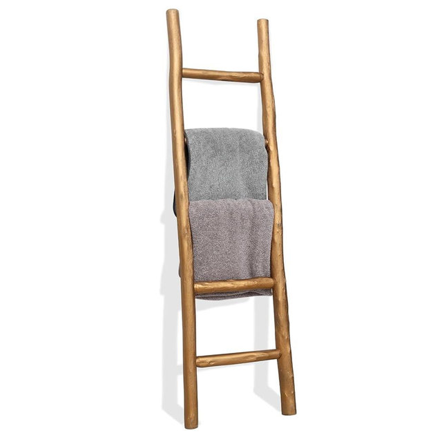 FUIN Fully Assembled 57in Wood Blanket Ladder Living Room Decorative Wall Leaning Farmhouse Quilt Display Holder Rustic Wooden Towel Rack for Bathroom, Gold