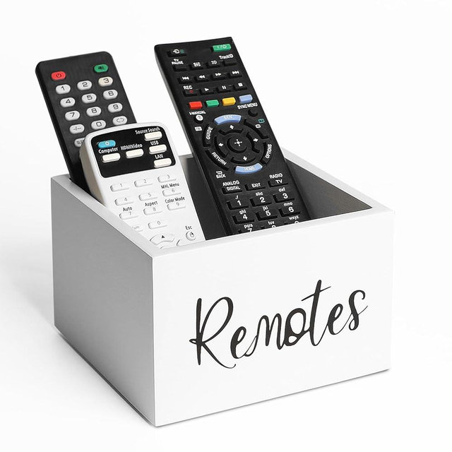 LBEMEY Wood Remote Control Holder, TV Remote Control Organizer for Home Bedroom Table, Multi-Purpose Desktop Storage (White, M,for 3+ Remote Controls)