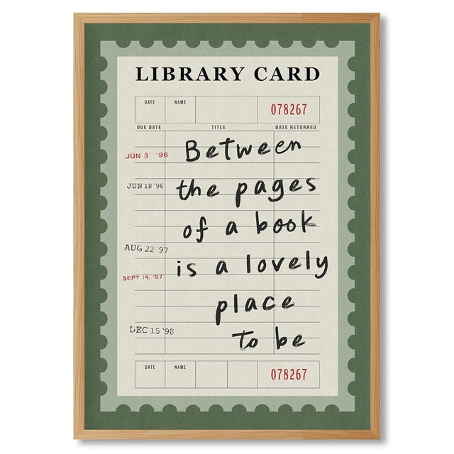 Framed Between The Pages Book Wall Art Green Library Card Print Trendy Book Lover Aesthetic Poster Vintage Cute Reading Quote Bookish Wall Decor for Study Room Girl Room 12x16inch Wooden Frame