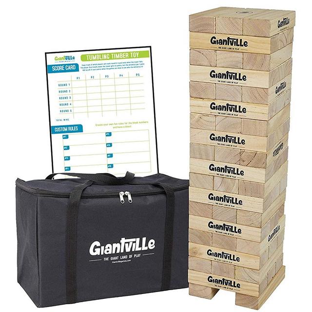 Giant Tumbling Timber Toy - Jumbo Wooden Blocks Floor Game for Kids and Adults, 56 Pieces, Premium Pine Wood, Carry Bag, Life Size, by Giantville - Grows to Over 5-feet While Playing