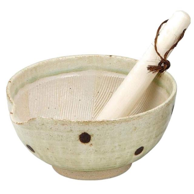 Tikusan Ceramic Ripple Ridge Mortar Pestle (Suribachi Surikogi) Set with Spout 7.1 inches Made in Japan (White)