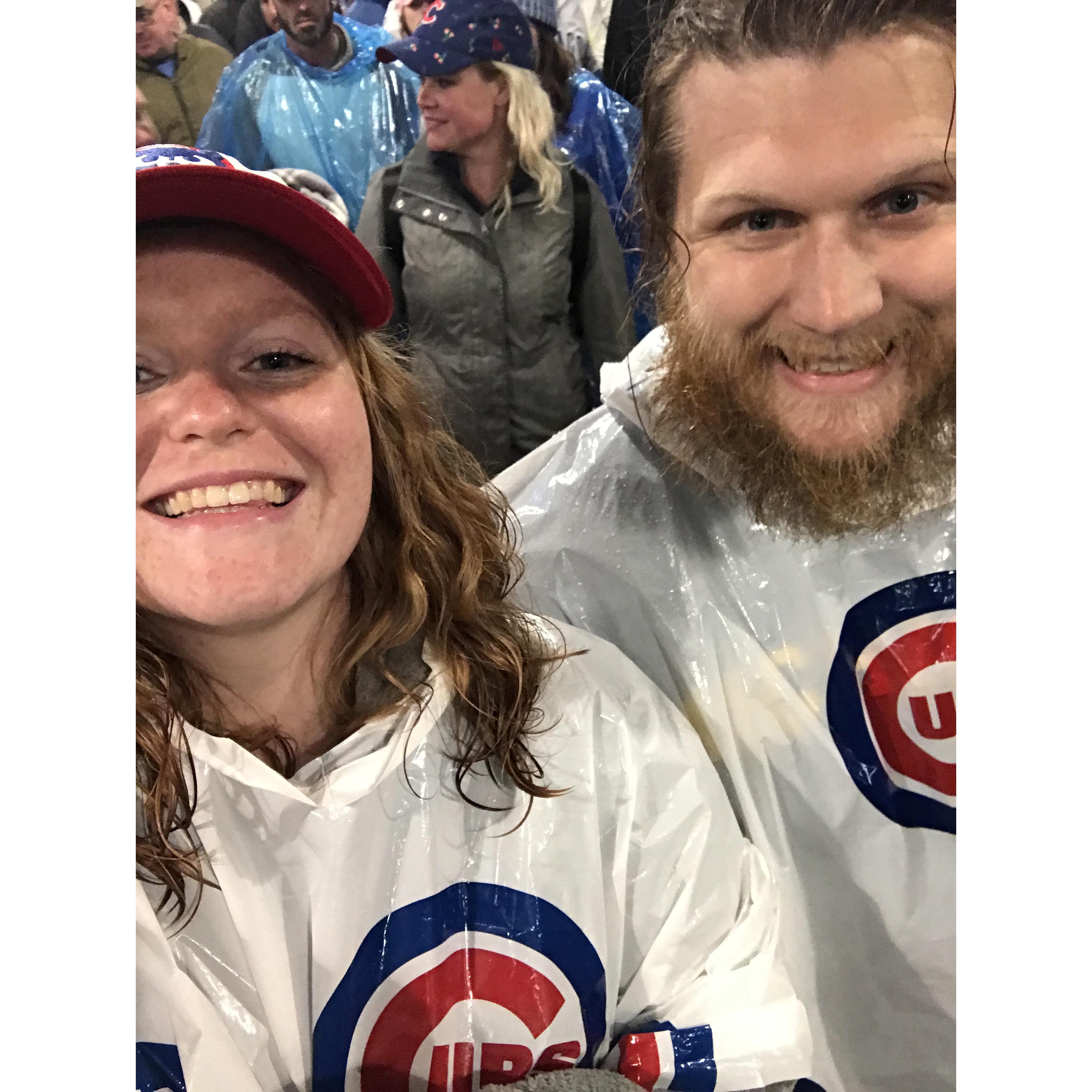 Someone may or may not have forgotten to check the weather before he bought the tickets. We braved it through the rain and I got to sing the, "Go Cubs Go" song!