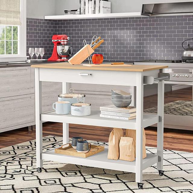 Kitchen Islands Carts with Wheels, 40’’ Rolling Kitchen Trolley Cart with Solid Wood Top and Locking Wheels, Two Open Spacious Storage Shelves and One Big Drawer, Towel Rack (White)