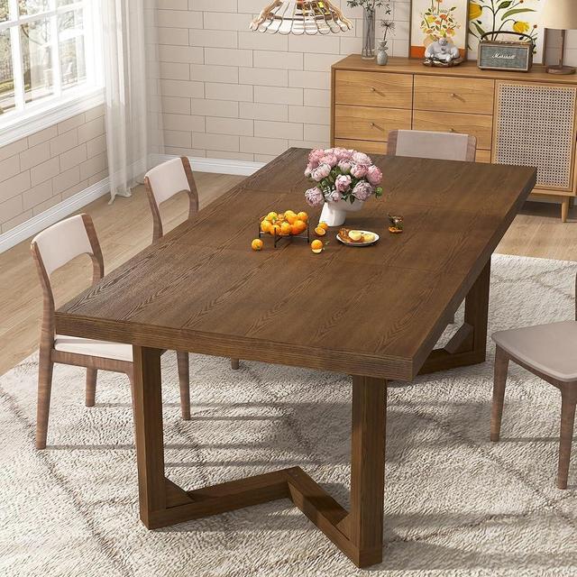 71 Inch Solid Wood Dining Table for 4 5 6 7 People, Farmhouse Rustic Real Wood Kitchen Table, Dark Wooden Rectangular Dinner Table for Dining Room,Home Office,Living Room,Walnut Wirebrush