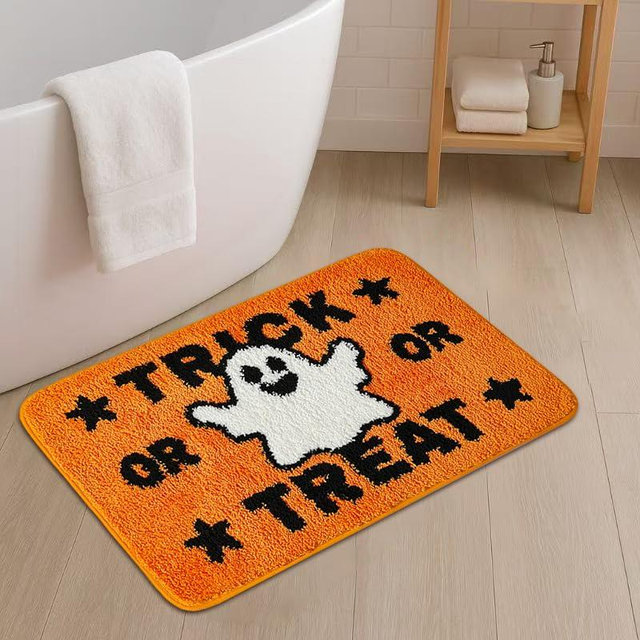 HONCO DIRECT 20x32 inch Cute Halloween Orange Ghost Bath Rug Ghost Bathroom Rug Non-Slip Floor Mat for Bathroom Rug Soft Absorbent Bath Tub Mat Room Halloween Decor Ghost Bath Mat