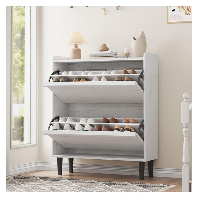 Acekool 2 Flip Drawer Shoe Cabinet with Adjustable Shelves, Hidden Shoe Organizer for Entryway – White