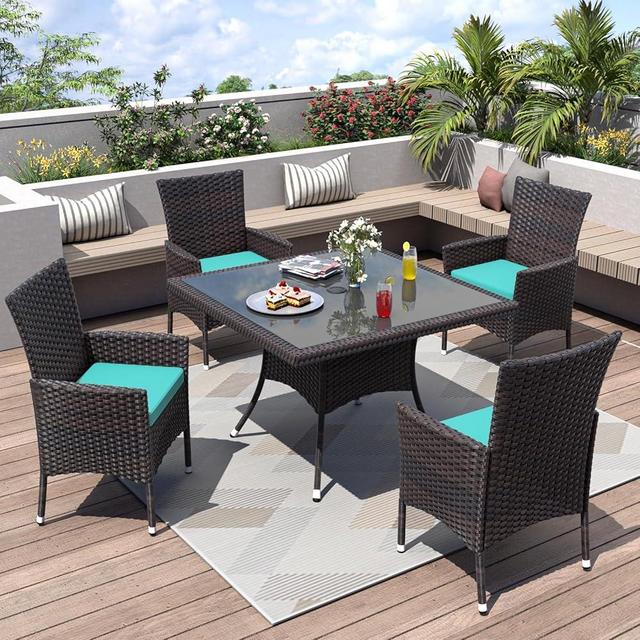ALAULM 5 Piece Patio Dining Set All-Weather Wicker Outdoor Patio Furniture Set w/Tempered Glass Tabletop, Removable Cushions and Umbrella Hole for Patio, Backyard, Garden, Poolside（Blue）