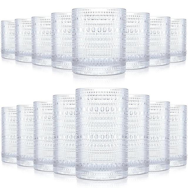 Nuanchu Hobnail Drinking Glasses 11 oz 14 oz Romantic Water Glasses Embossed Cocktail Glasses Tumbler Vintage Glass Cups Glassware Old Fashioned Beverage Glasses for Drinking Water Beer (Clear, 16)