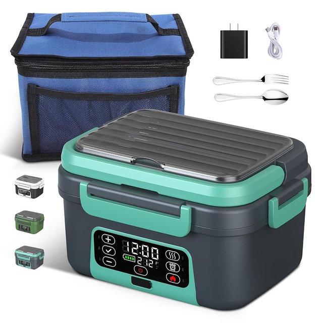 EDCREATY Cordless Electric Heated Lunch Box, 1.5L - 6.3 Cups 20000 mAh Rechargeable Smart Self-Heating Food Warmer, BPA Free Portable Stainless Steel Lunchbox for Car Travel Office(Green)