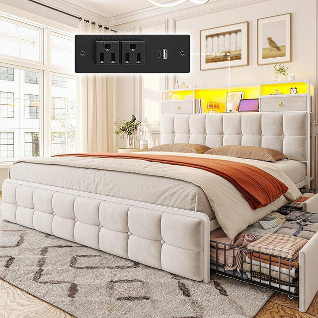 EnHomee Queen Bed Frame with with 4 Storage Drawers and Upholstered Headboard with 2 Drawers Bed Frame Queen Size Built in LED Lights and Charging Station, No Noise, Easy Assembly, Beige