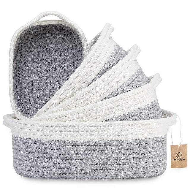 NaturalCozy 5-Piece Rectangle Storage Basket Set- Natural Cotton Rope Woven Baskets for Organizing! Small Basket for Montessori, Baby Nursery, Dog Toy Baskets, Cat Toy Box, Bathroom Organization Bin