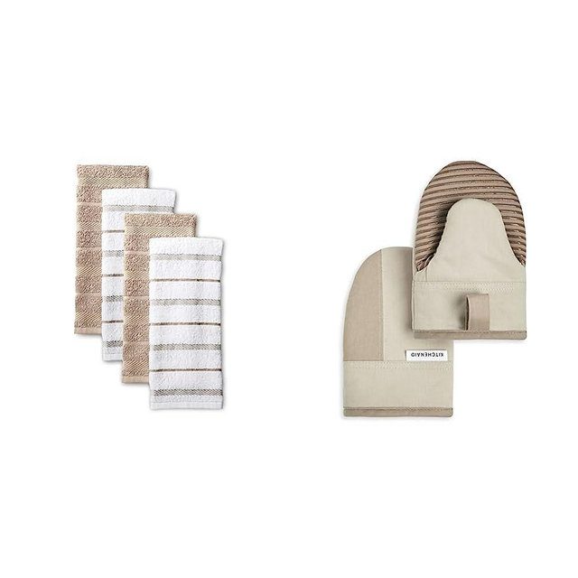 KitchenAid Albany Kitchen Towel 4-Pack Set, Cotton, Milkshake Tan/White, 16"x26" & Beacon Two-Tone Non-Slip Mini Oven Mitt Set, Milkshake/Beige, 5.5"x8", 2 Piece