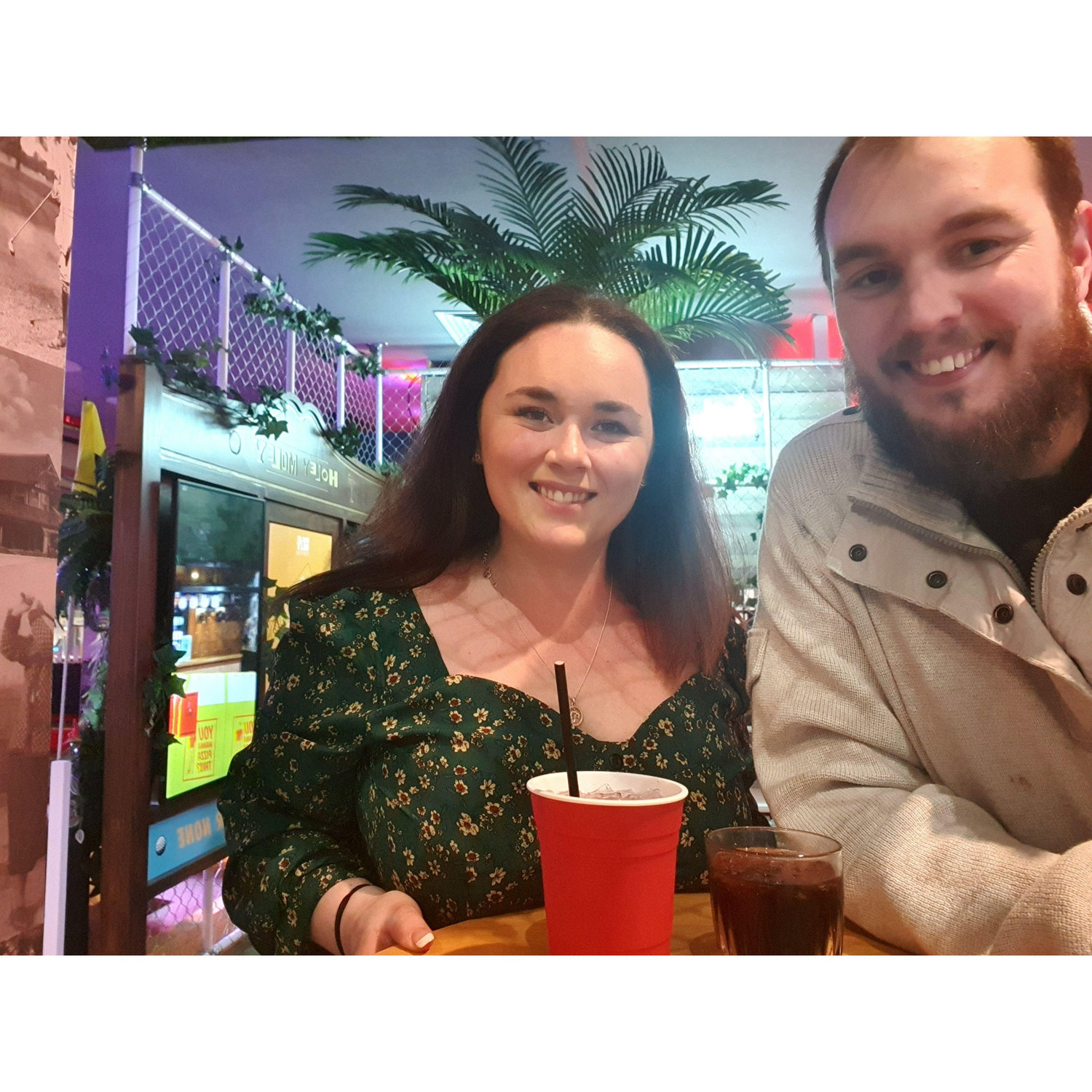Our first date, 
involed mini golf, bobos, and driving around finding christmas lights.
