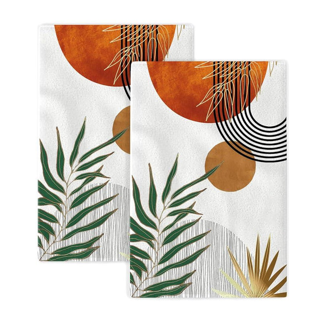 Mid Century Dish Towels 16x24 inches Pack of 2, Boho Modern Abstract Orange Gold Sunset Kitchen Towels,Hand Towels,Bohemian Style Tropical Leaf Bathroom Decor Dish Towels for Home Decor