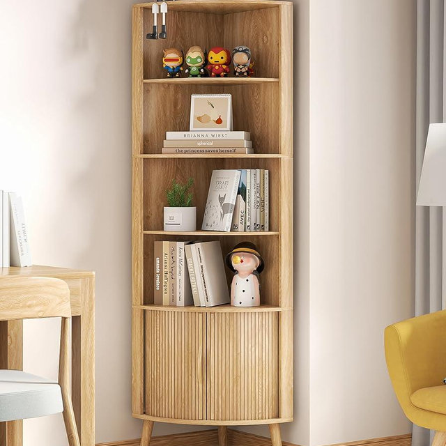 Limaoaio 5-Tier Corner Shelf, 66.73''Tall Modern Corner Bookshelf, 5 Shelf Bookcase with 2 Fluted Doors, Freestanding Wood Corner Display Storage Shelf Organizer for Living Room, Office (Wood Color)
