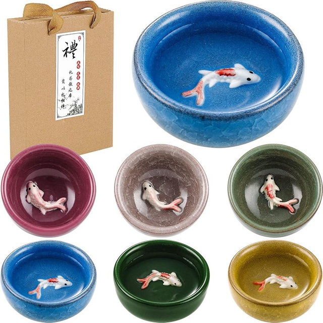 Skyley 6 Pieces Korean Soju Shot Glasses Sets Porcelain Cups Korean Ceramic Cups Tea Accessories Drinkware, Handcrafted Ceramic(Koi Fish Style)
