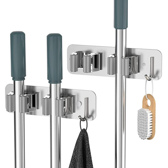 Mop Broom Holder Wall Mounted SUS304 Stainless Steel, HOMEASY Mop Broom Organizer with 2 Installation Methods (No Drilling & Screw Drilling Installation 2 In 1), Mop Hanger Heavy Duty with Hooks, 2PCS