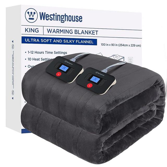 Westinghouse Electric Blanket King Size, Super Cozy Soft Flannel 100" x 90" Heated Blanket with 10 Fast Heating Levels & 1-12 Auto-Off, Machine Washable, ETL&FCC Certification, Charcoal