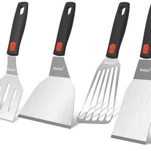 Beijiyi Stainless Steel Spatula Set, 4 Pack Small Metal Turner Spatulas for Kitchen Use, Cooking Utensils with Silicone Handle, Flipper Spatula for Fish, Egg, Smash Burger and Cookie Serving