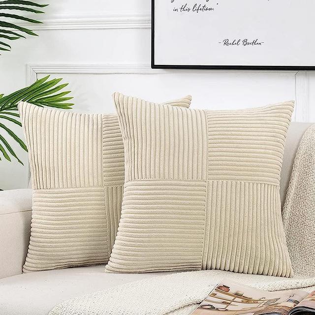 Fancy Homi 2 Packs Tan Decorative Throw Pillow Covers 18x18 Inch for Living Room Couch Bed, Rustic Farmhouse Boho Home Decor, Soft Corss Corduroy Patchwork Textured Square Beige Cushion Case 45x45 cm