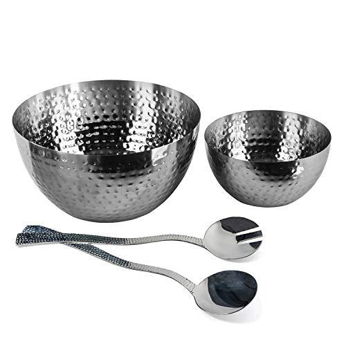 Silver Serving Bowls with Servers - Decorative Stainless Steel Salad Bowls - 2 Pc Hammered Bowl Set - By Colleta Home