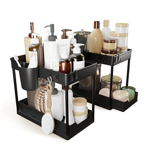 BRANDOVO, 2 Pack Under Sink Organizer, Under Bathroom Sink and Kitchen Cabinet Organizers and Storage with Pull Out Drawer, Black