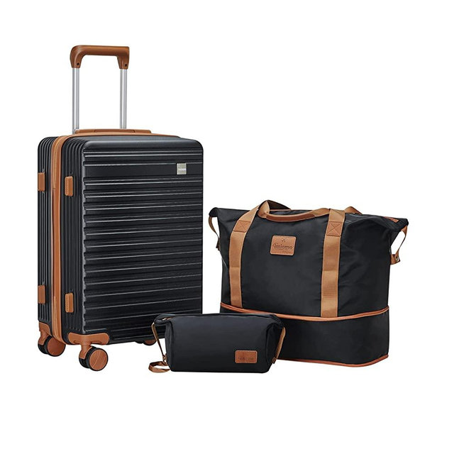 imiomo Carry On Luggage 20 Inch airline approved Hardside 3PCS Set Lightweight Rolling Travel Luggagewith TSA Lock， Suitcase with Spinner Wheels (black+brown, Carry-On 20-Inch)