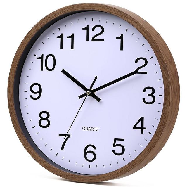 TOHOOYO Wall Clock 12 Inch Wooden Frame Glass Cover Non-Ticking Number Quartz Modern Quartz Design Decorative Bedroom Kitchen Office Classroom Dark Brown