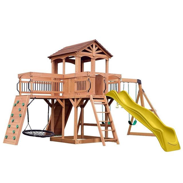 Backyard Discovery Sterling Point All Cedar Wooden Swing Set, Raised Clubhouse, Yellow Wave Slide, Web Swing, Climbing Wall, 10ft Wave Slide, 2 Belt Swings, Front Porch, Bridge