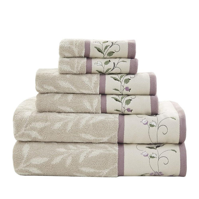 Madison Park Serene 100% Cotton Bath Towel Set Luxurious Floral Decorative Towels for Bathroom Embroidered Cotton Jacquard Design Soft Highly Absorbent for Shower 600 GSM, Multi-Sizes, Purple 6 Piece