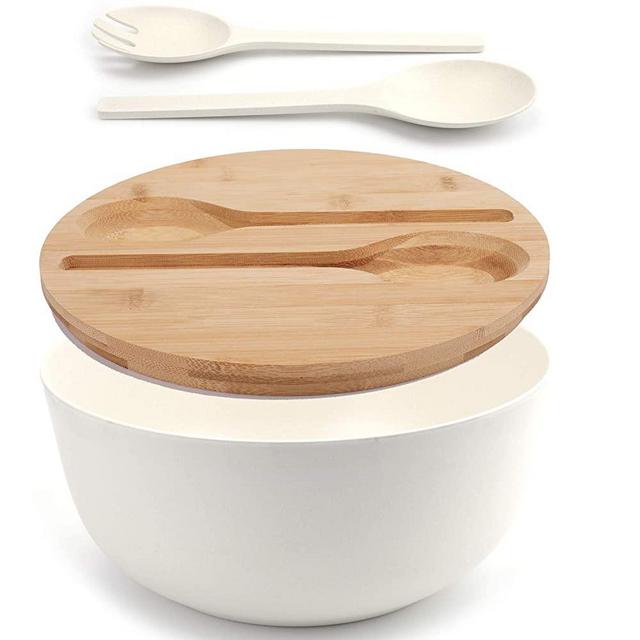 Yopay Set of 3 Bamboo Fiber Salad Bowl with Servers Set, 9.8 Inch Mixing Bowls with Bamboo Lid Fiber Spoon Fork for Fruits, Salads and Decoration, Bowl and Utensils Set