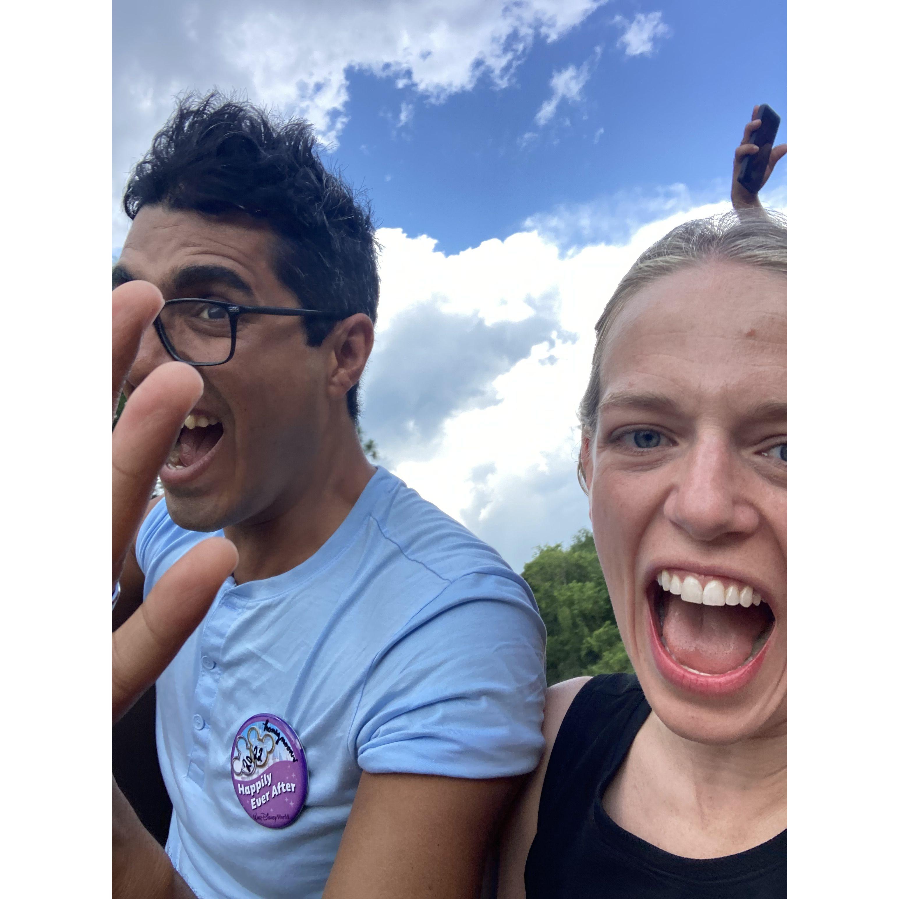 Marian & Alejandro enjoying a ride at Disney World on their honeymoon