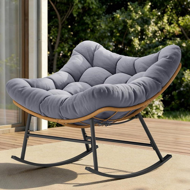 Sikaic Outdoor Papasan Rocking Chair, 450LBS Heavy Duty Egg Rocker with High Back Water Resistant Cushion, Rustproof & UV Resistant PE Wicker Patio Chair for Porch, Garden, Living Room, Grey