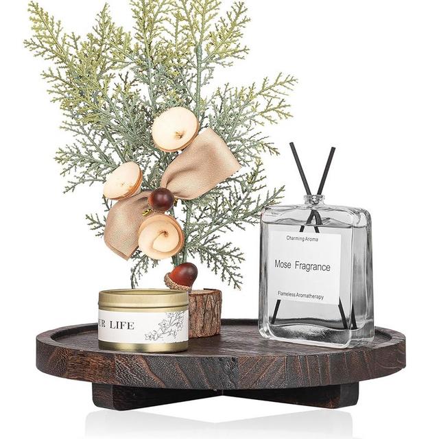 Round Decorative Tray Wood Bathroom Counter Organizer Farmhouse Kitchen Decor Wooden Riser for Soap Dish, Perfume, Candle, Sponge, 9 Inch, Dark Brown