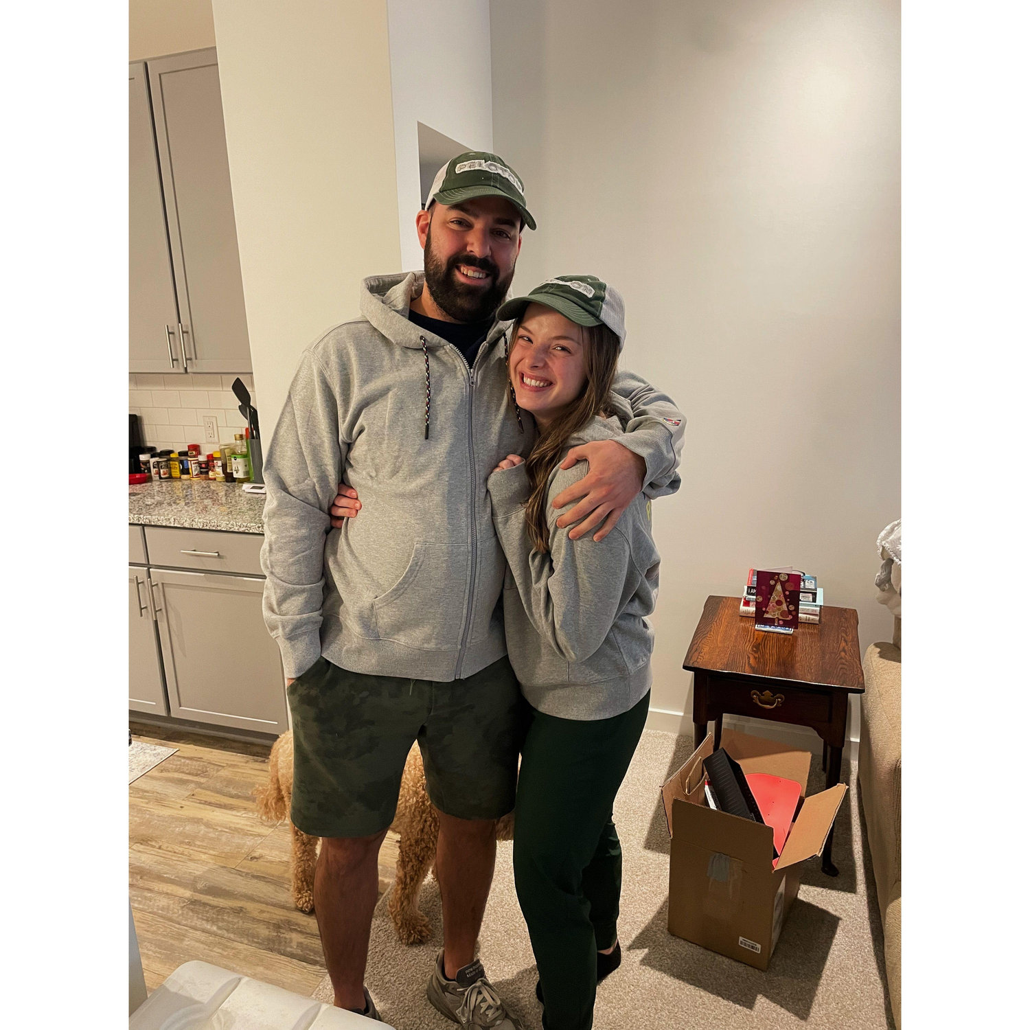 Our first Christmas together, in matching hats ... clearly Paul's idea ;)