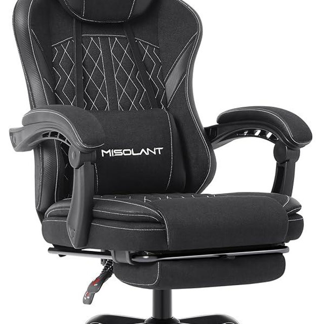 Misolant Gaming Chair, Fabric Gamer Chair with footrest for Adults, High Back Ergonomic Computer Game Chair with Adjustable Headrest and Massage Lumbar Support, 90-155° Recline Free，Black