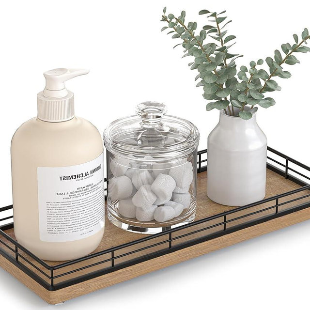 Bathroom Tray for Counter Top Organizer – Acacia Wood Vanity Tray with Metal Frame for Dresser, Kitchen, Nightstand – Black & Acacia Decorative Storage