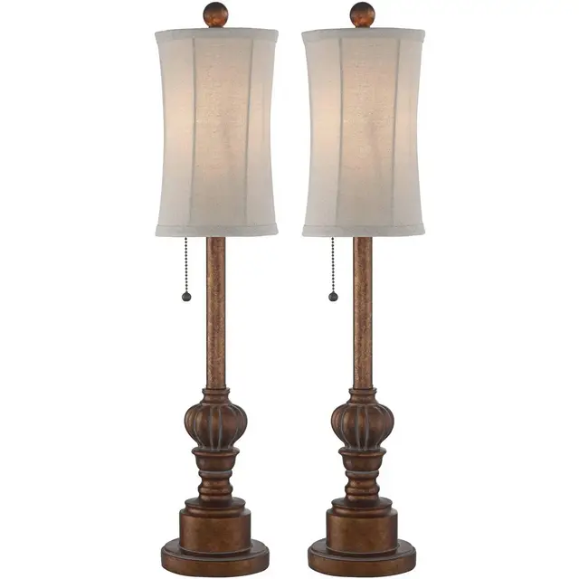 Regency Hill Traditional Buffet Table Lamps 28" Tall Set of 2 Warm Brown Wood Tone Fabric Drum Shade for Dining Room