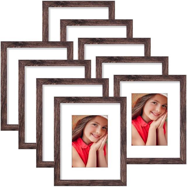 Vittanly 8x10 Picture Frames for Wall Set of 9, Display 5x7 Pictures with Mat or 8x10 without Mat, Collage Frames for Wall or Tabletop, Perfect for Home Décor, Brown